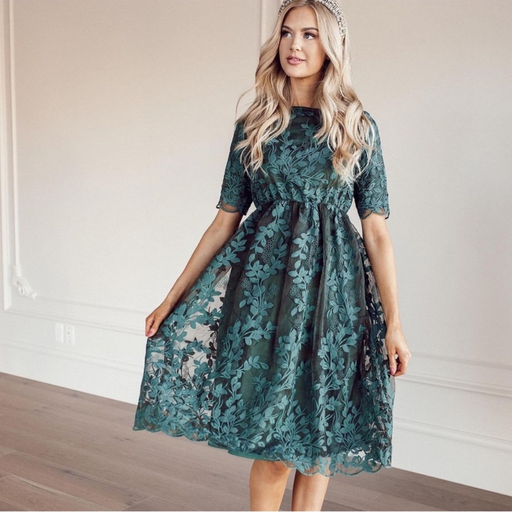 JessaKae Emerald Green Floral Lace Midi Dress